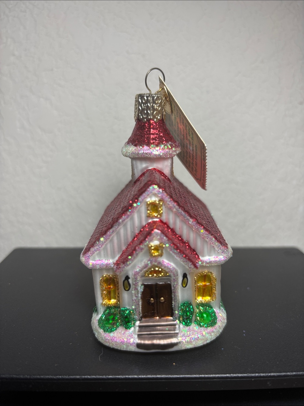 Old World Christmas - Church Ornament in Red and White with Gold Sparkle